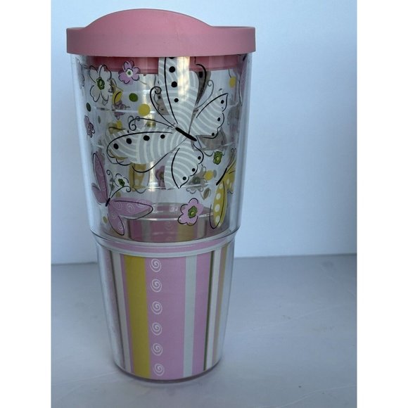 24 oz Tervis Hallmark Pink Lid Butterflies Floral Stripes Travel Tumbler Cup - Picture 4 of 6